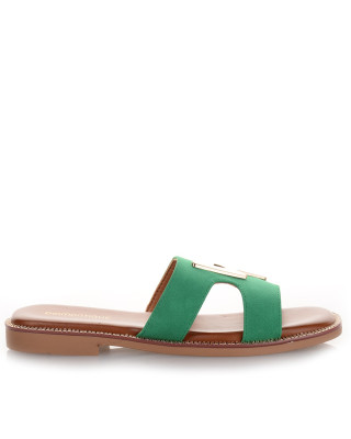 Women's green sandals with gold buckle Famous