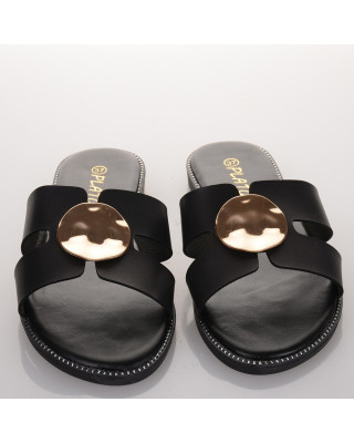Women's black sandals with gold buckle Famous 