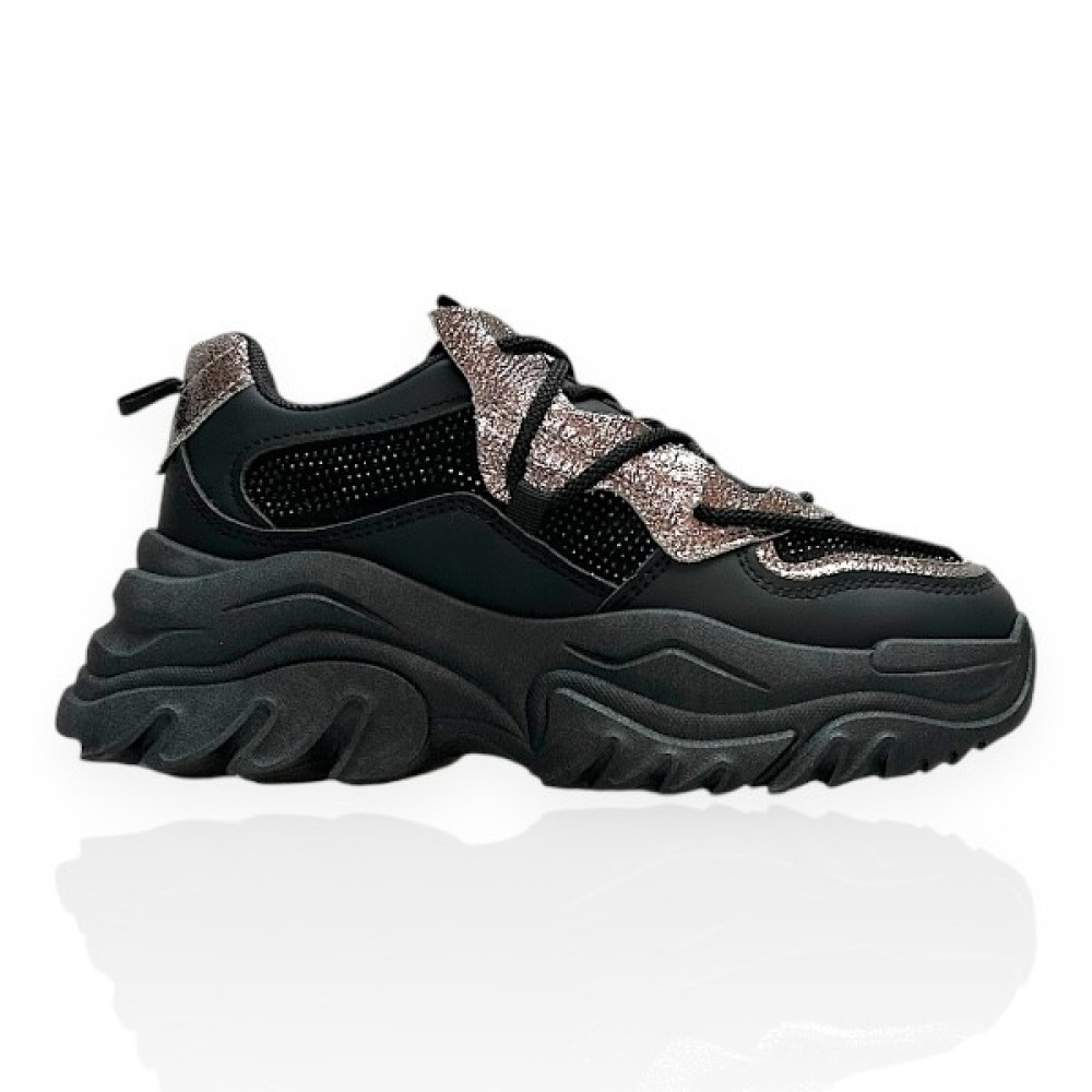 Γυναικεία Μαύρα Chunky Famous Sneakers με gliter και stras