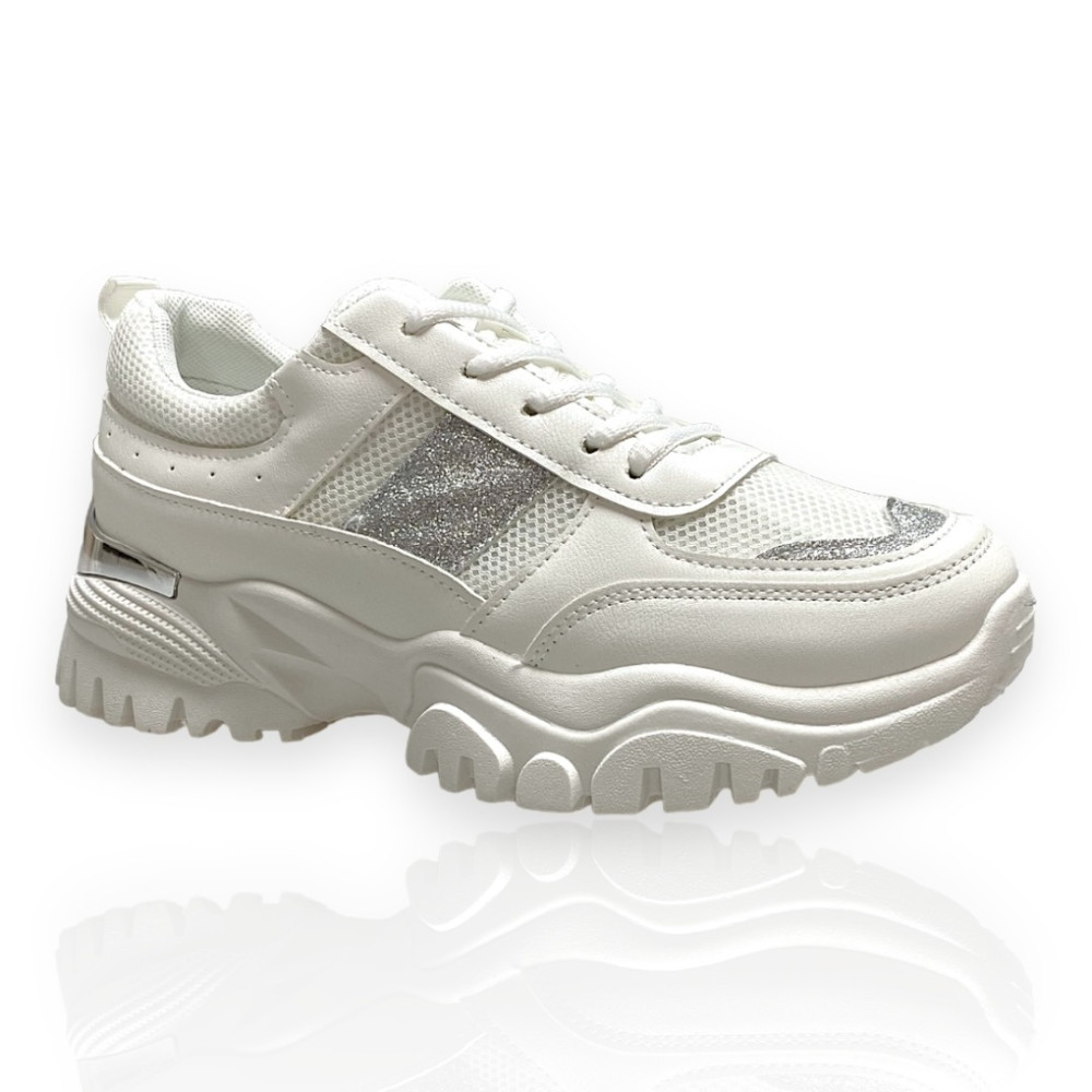 Λευκ΄ά γυναικεία chunky sneakers Famous με γκρι μεταλιζέ στοιχεία